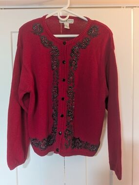 Vintage Red DRESS BARN Beaded Floral Design Cardigan Sweater Long Sleeve XL
